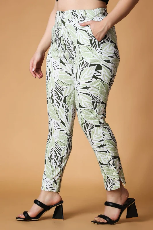 women's pajamas with built-in shortsGreen & Black Leaves Printed Pants