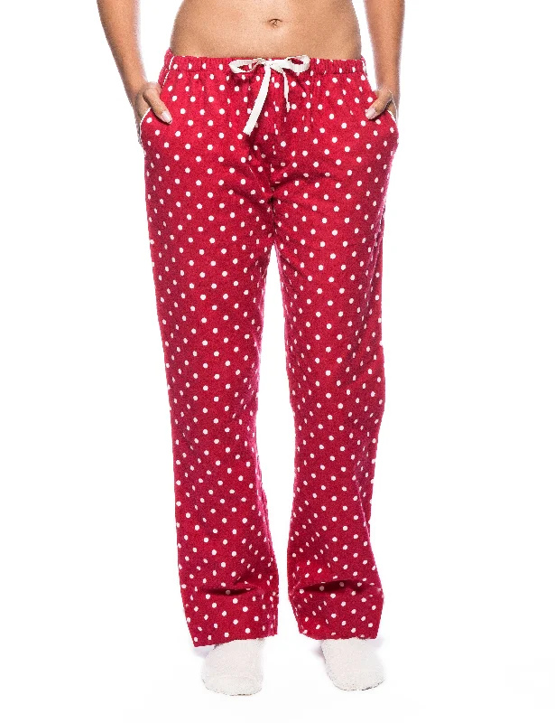 women's pajamas with an elasticized cuffsWomens Premium 100% Cotton Flannel Lounge Pants - Dots Diva Red