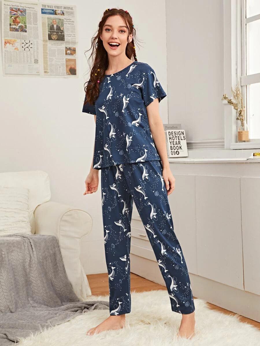 women's pajamas with an adjustable necklineWomen Printed T.Shirt & Pyjama Co-Ord Set