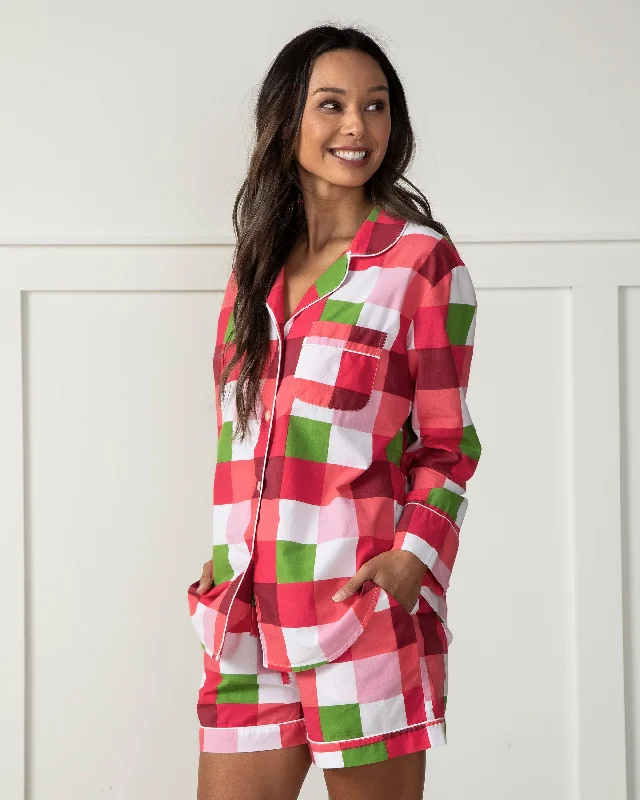 women's pajamas with built-in braBuffalo Plaid - Long Sleeve Top & Shorts Set - Mulled Wine