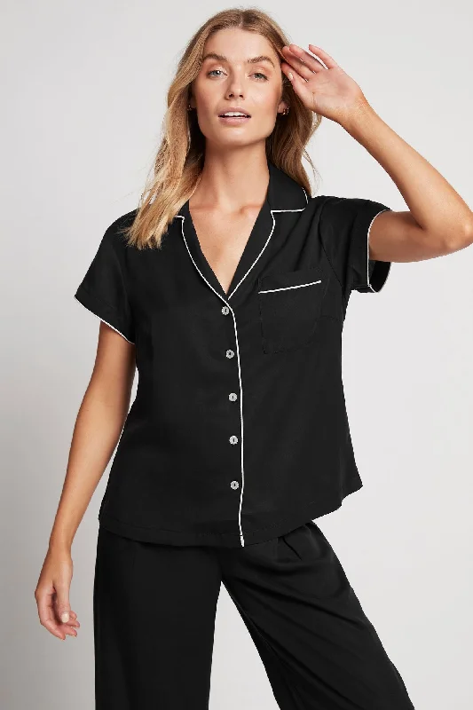 women's pajamas for those who seek ultimate relaxationEva Short Sleeve with Long Pant Tencel™ Pyjama Set - Black with Blush Piping