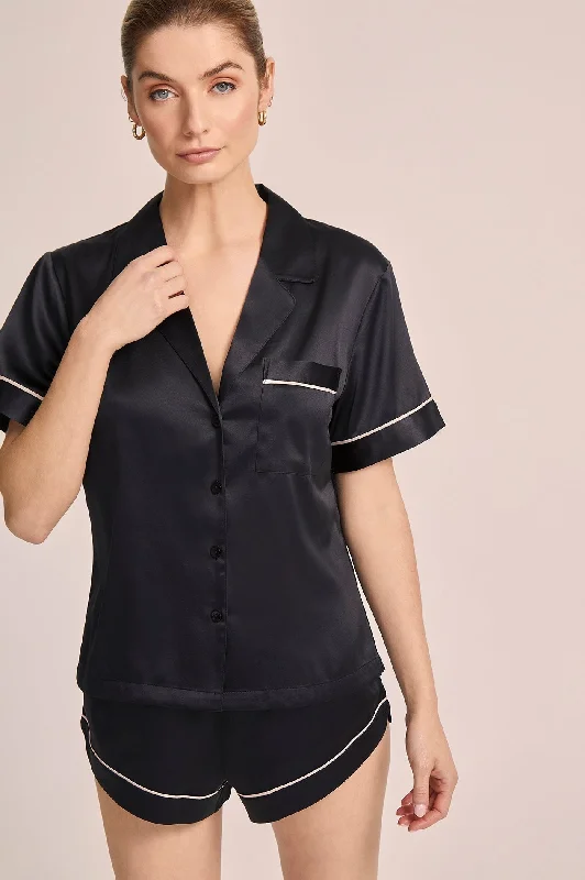 women's button-down pajama shirtsGrace Short Pyjama Set - Black with Blush Piping