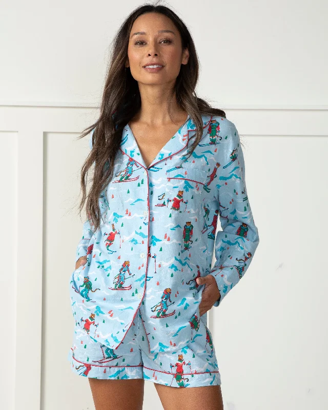 women's pajamas with pockets on legsHit the Slopes - Lightweight Flannel Long Sleeve Top & Shorts Set - Frosted Lake