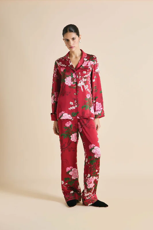 women's cotton pajama setsLila Tardieu Red Floral Pajamas in Silk Satin