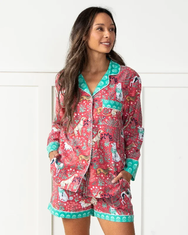 women's pajamas with adjustable strapsHappy Howlidays - Lightweight Flannel Long Sleeve Top & Shorts Set - Ruby