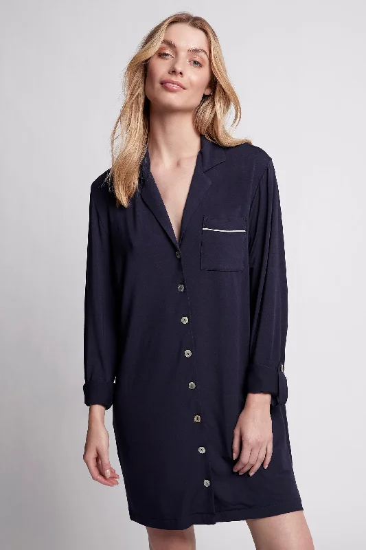 women's pajamas featuring animal printsPetra Tencel™ Sleep Shirt - Navy with White Piping