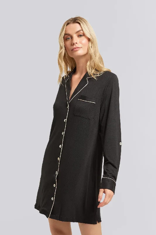 women's pajamas with built-in braPetra Tencel™ Sleep Shirt - Black with Blush Piping