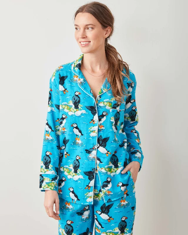 women's pajamas with a touch of whimsical funPlayful Puffins - Midweight Flannel Long PJ Set - Bright Blue