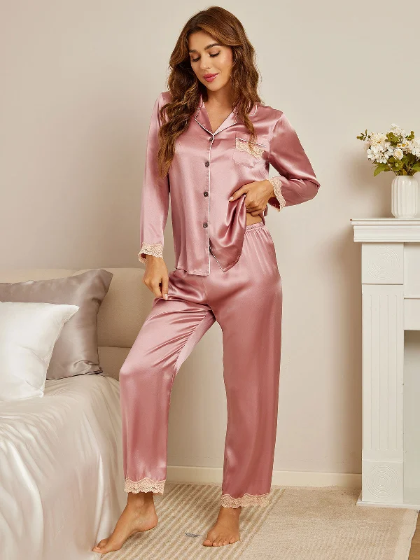 women's pajamas with breathable fabricPure Silk Casual Button Up Womens Pajamas 2Pcs